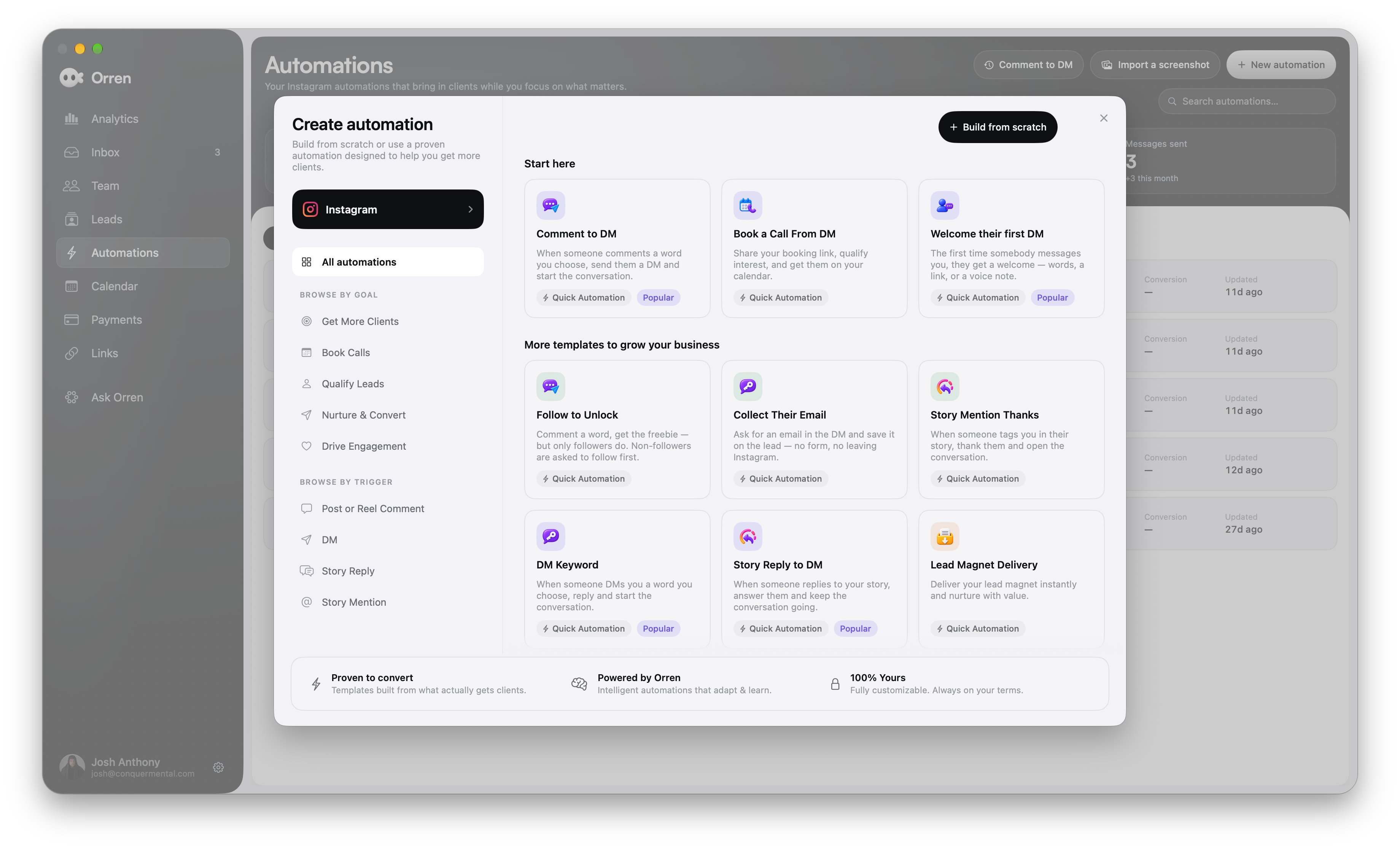 Actual Orren automation library with Comment to DM, Book a Call From DM, Welcome their first DM, Follow to Unlock, Collect Their Email, Story Mention Thanks, DM Keyword, Story Reply to DM and Lead Magnet Delivery templates. Browse by goal or trigger, or build from scratch.