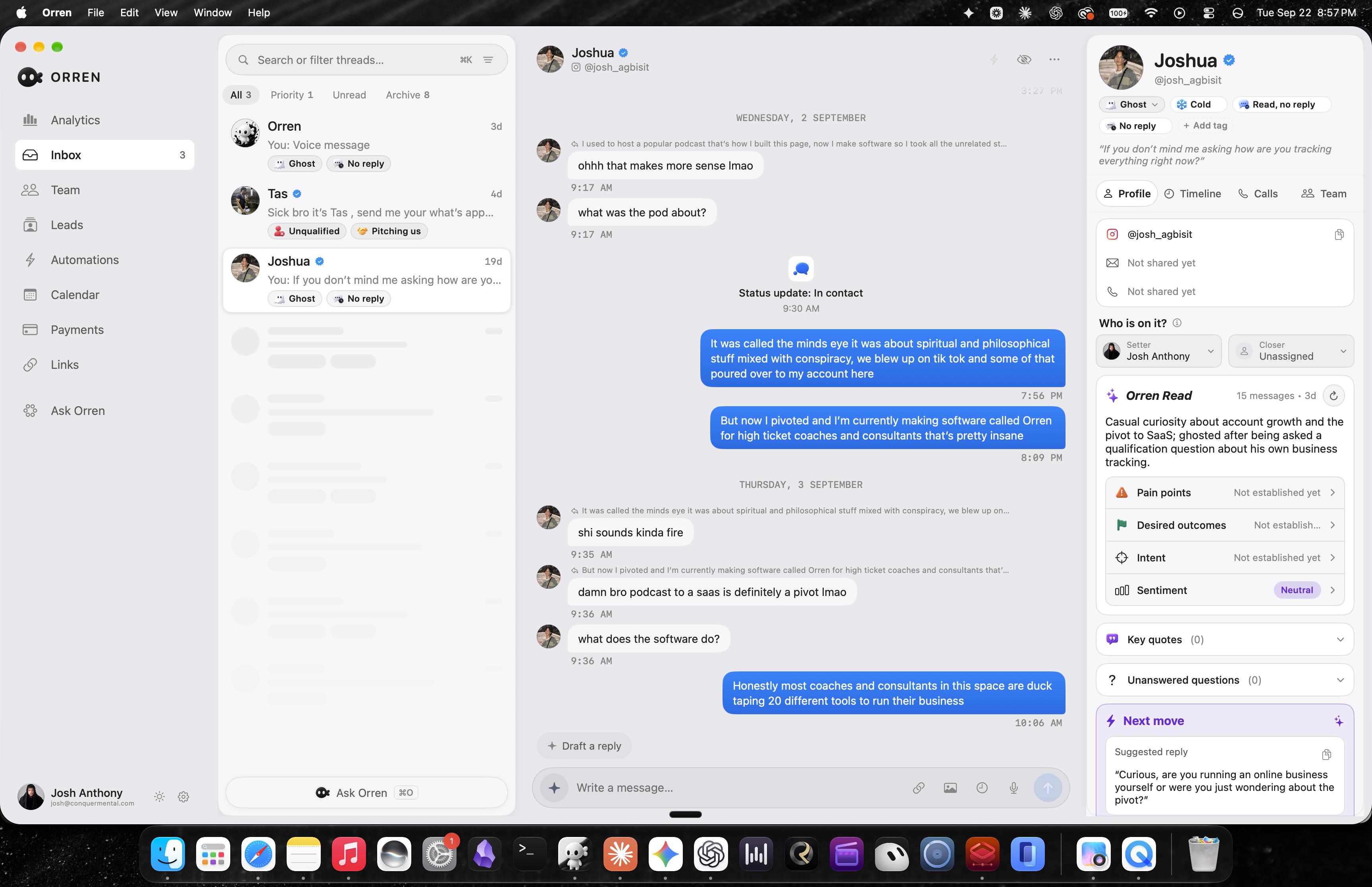 Orren running on a Mac, with the macOS menu bar and Dock, Instagram inbox, conversation history, lead profile, Orren Read and a suggested next move.