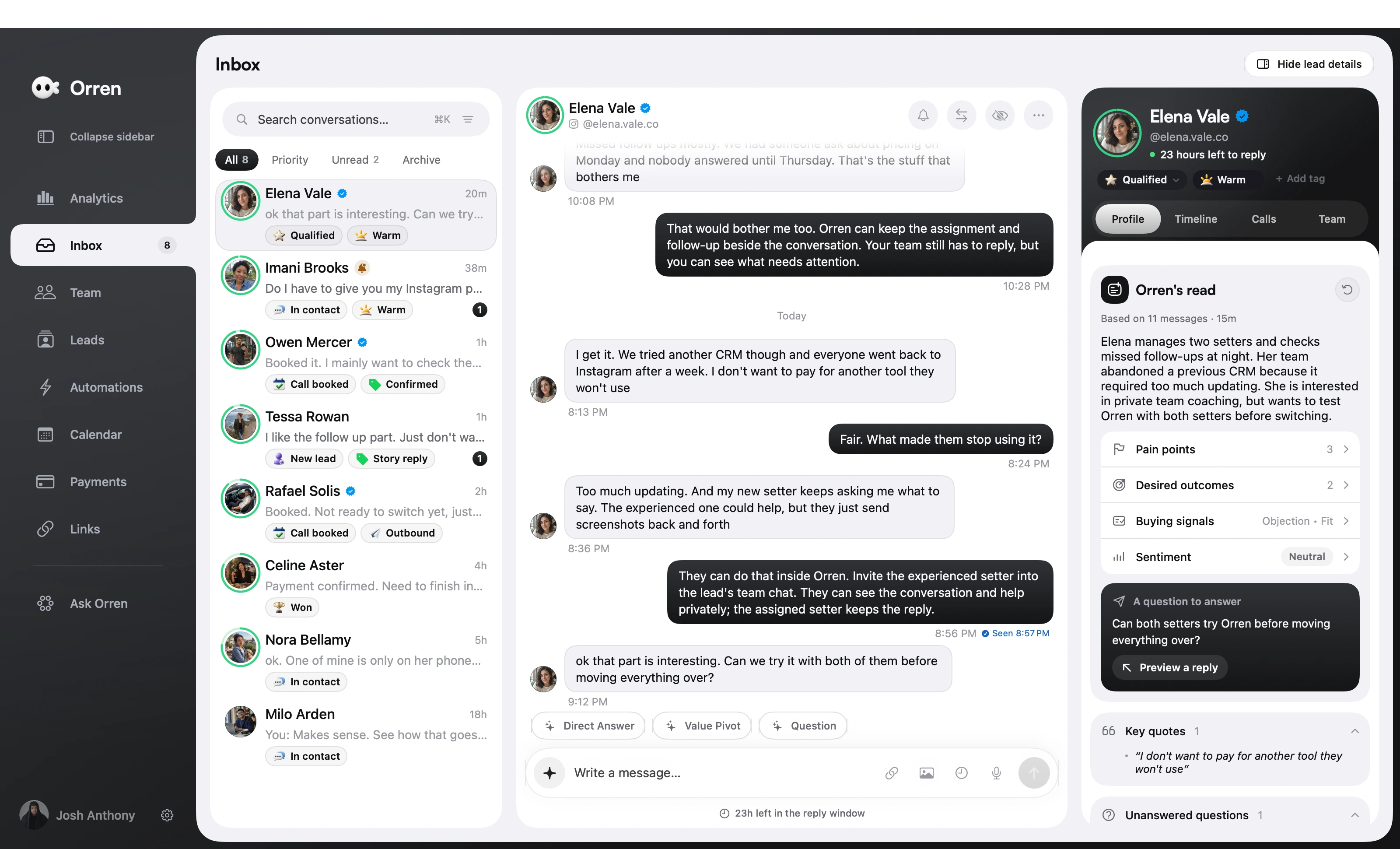 Orren’s Instagram inbox with its charcoal sidebar and pearl conversation workspace, showing example data