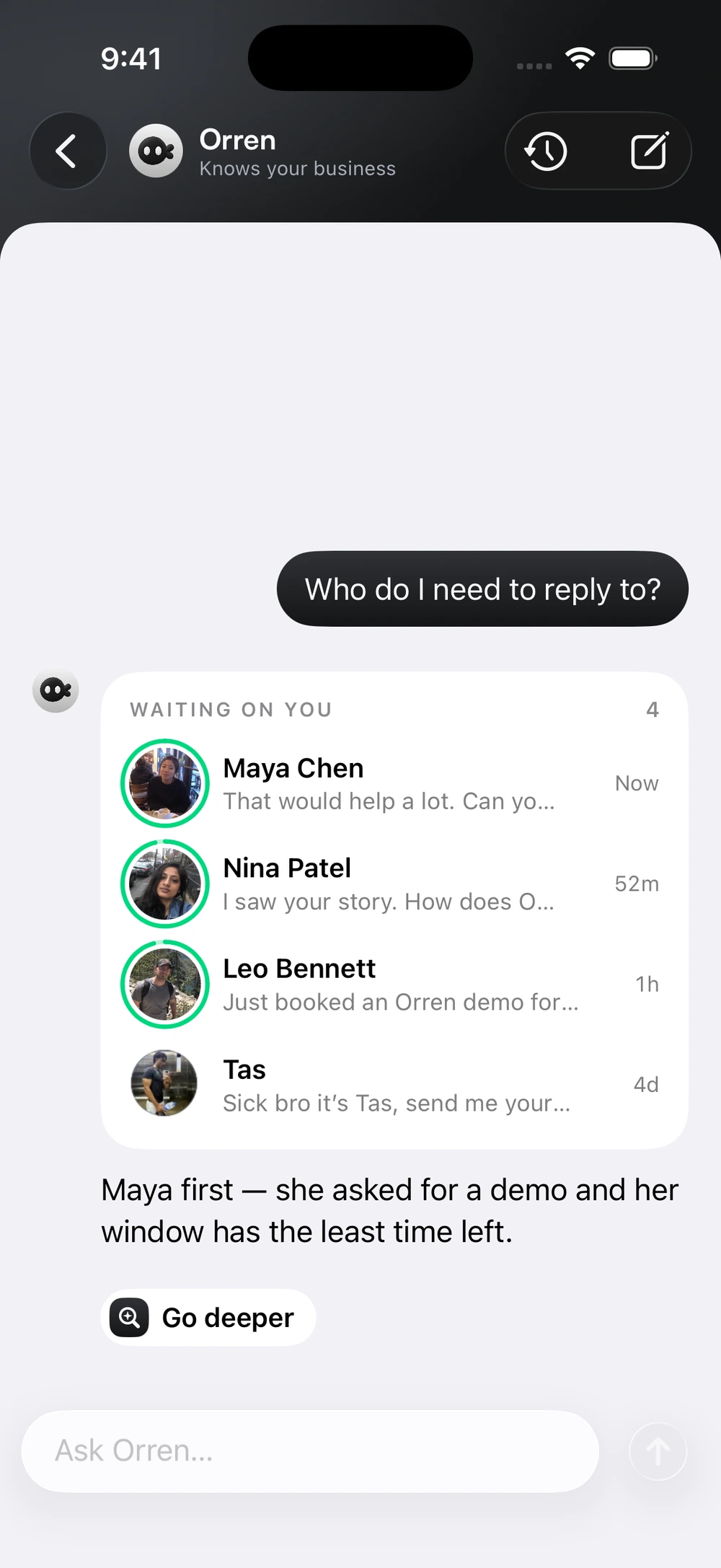 Orren AI on iPhone identifies who needs a reply and recommends starting with Maya.