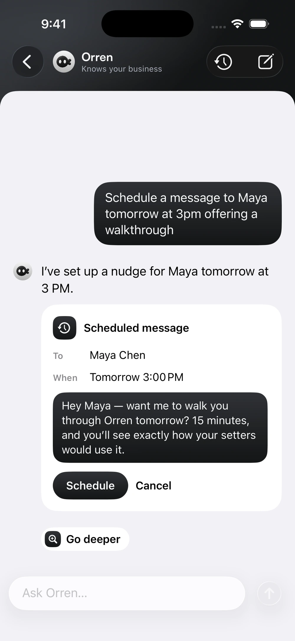 Orren prepares a follow-up for Maya at 3 PM tomorrow, ready for review and confirmation.