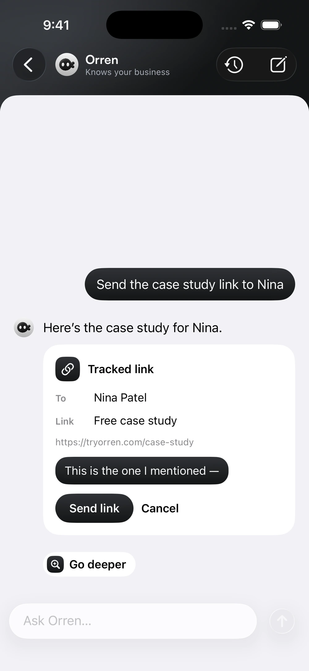 Orren AI prepares a tracked case-study link for Nina Patel with a message, Send link button and Cancel option.