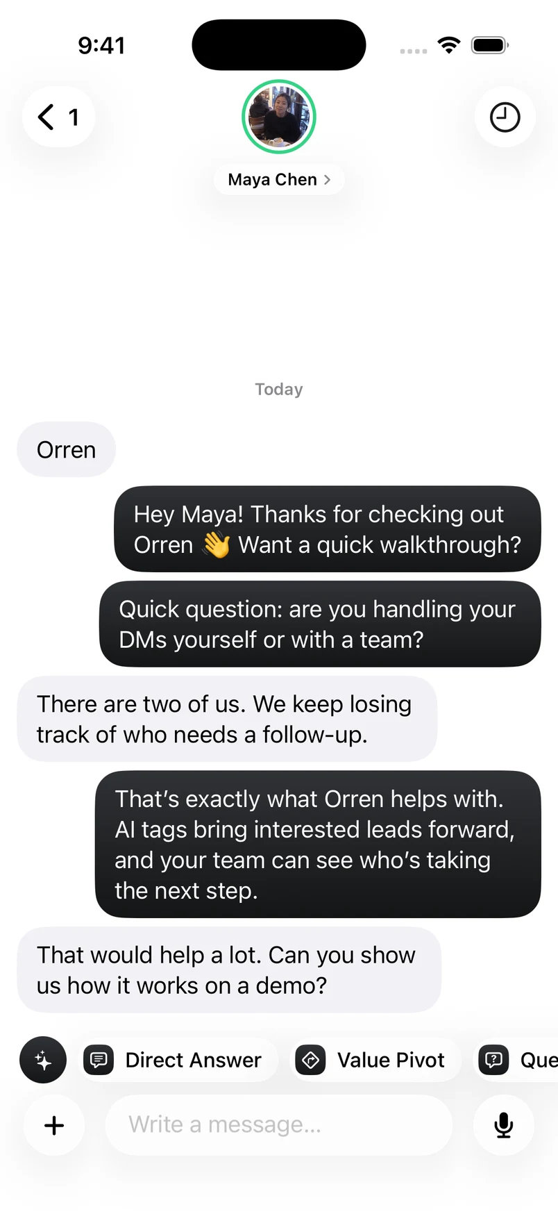 Maya’s Instagram conversation in Orren, discussing a demo and how her team handles leads.