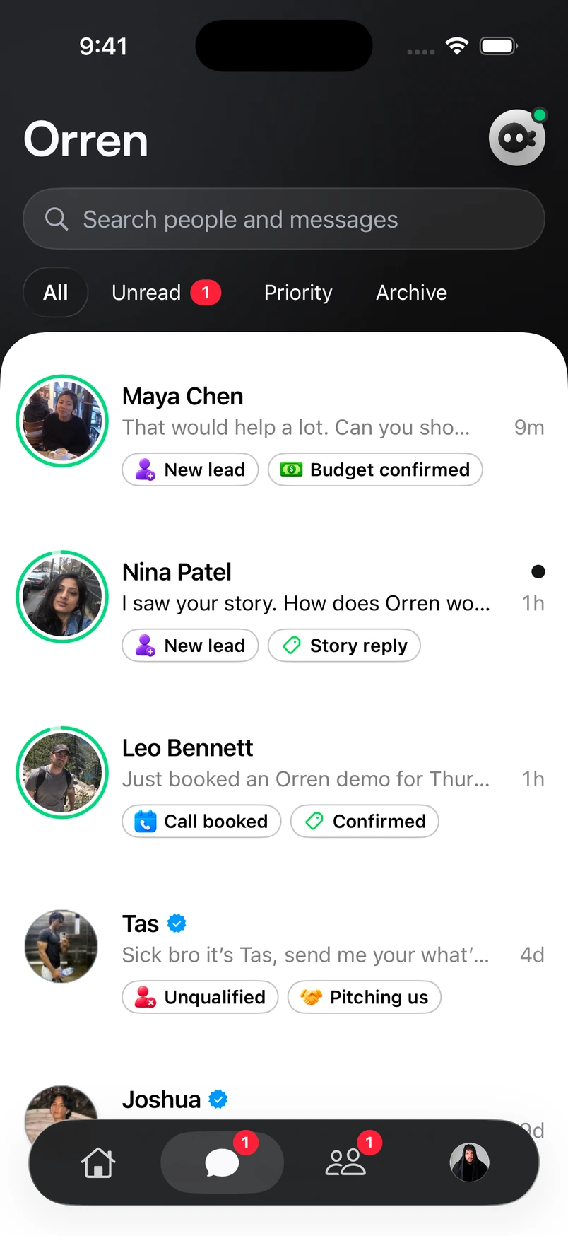 Orren’s real iPhone inbox held in one hand, showing Maya, Nina and Leo with AI lead tags.
