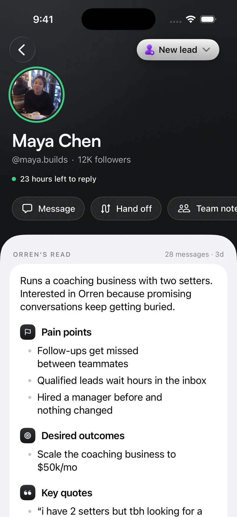 Maya’s lead profile, with tags, conversation context and information for the team.