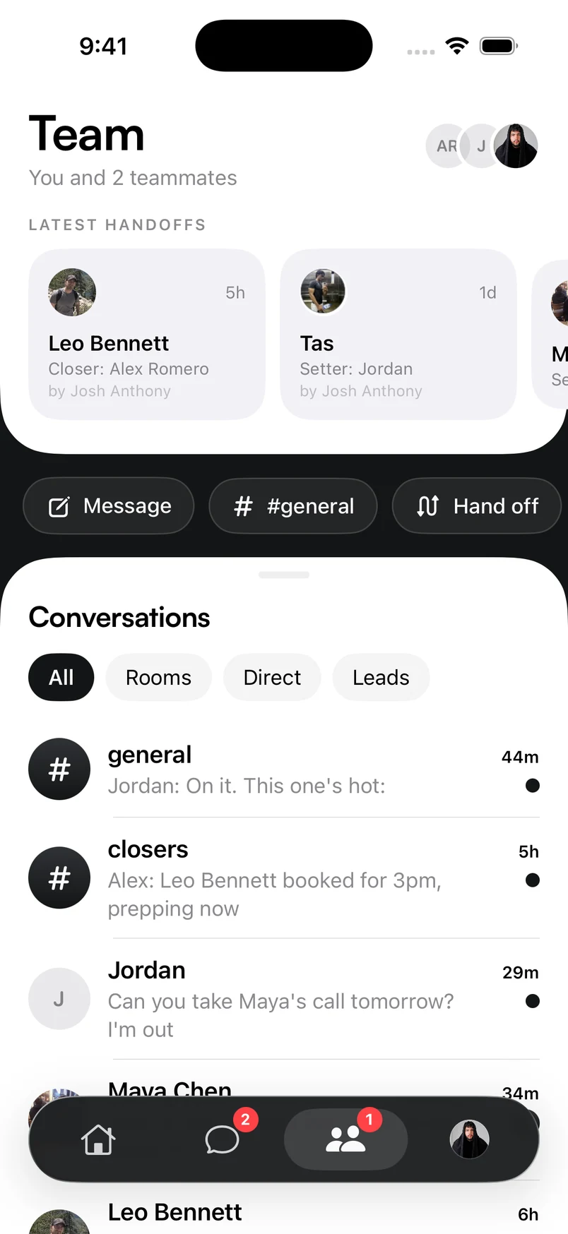 Orren’s iPhone team screen with teammates and their assigned leads.