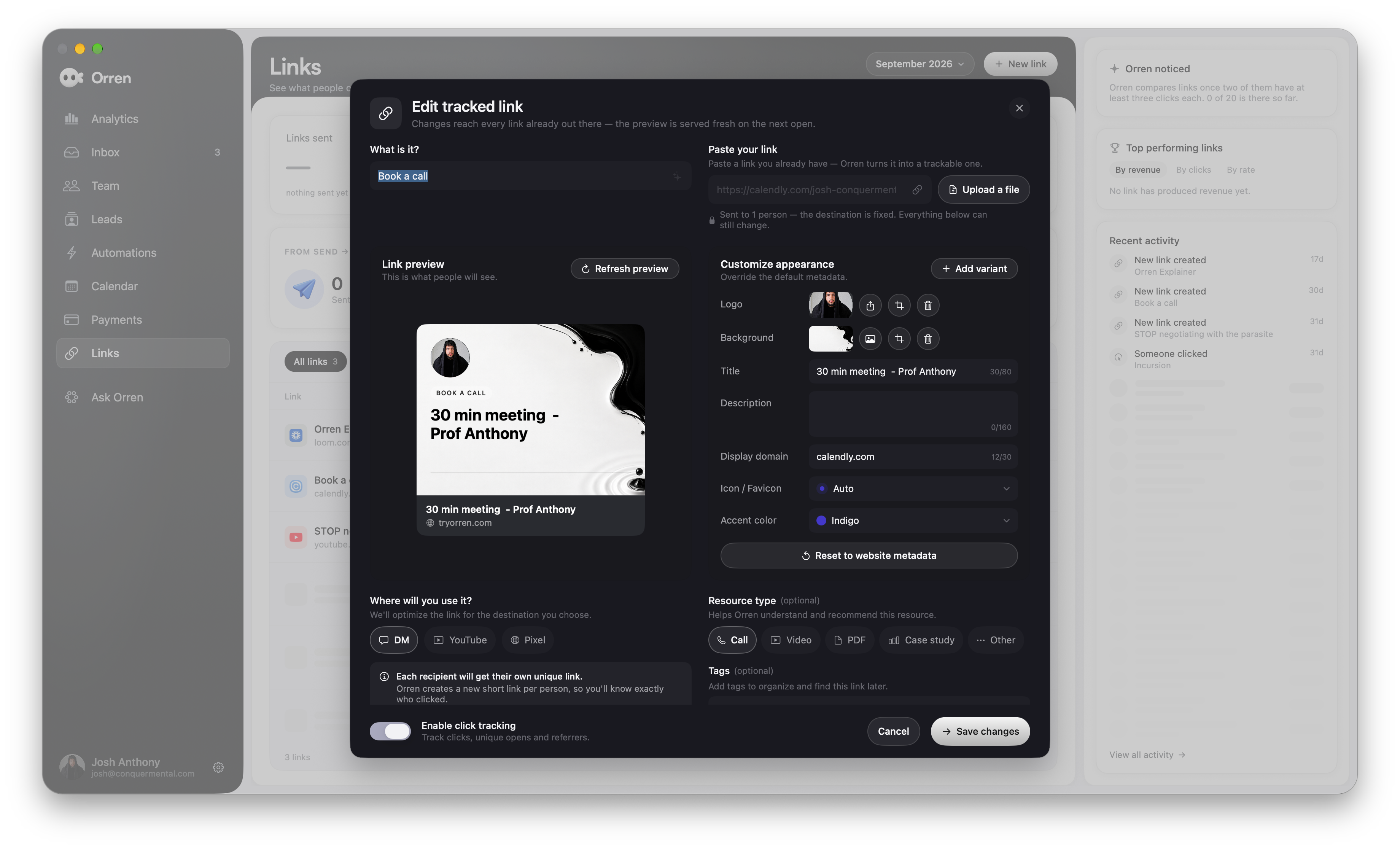Orren for Mac’s tracked-link editor showing a custom booking card, logo and background controls, title, description, resource type and Add variant for thumbnail testing.