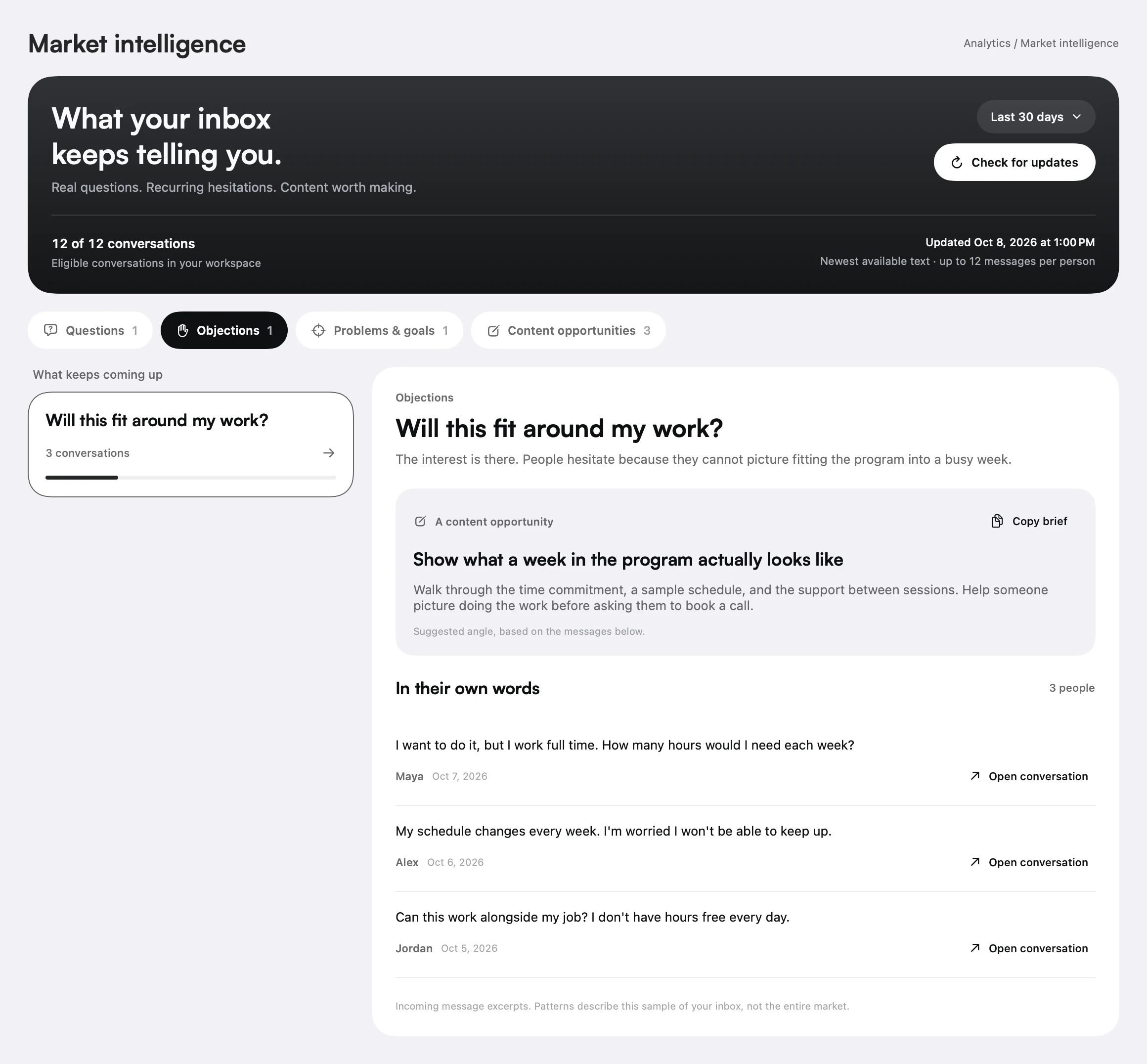 Orren Market Intelligence showing a repeated time-commitment objection, supporting messages from three people, and a suggested week-in-the-life content brief.