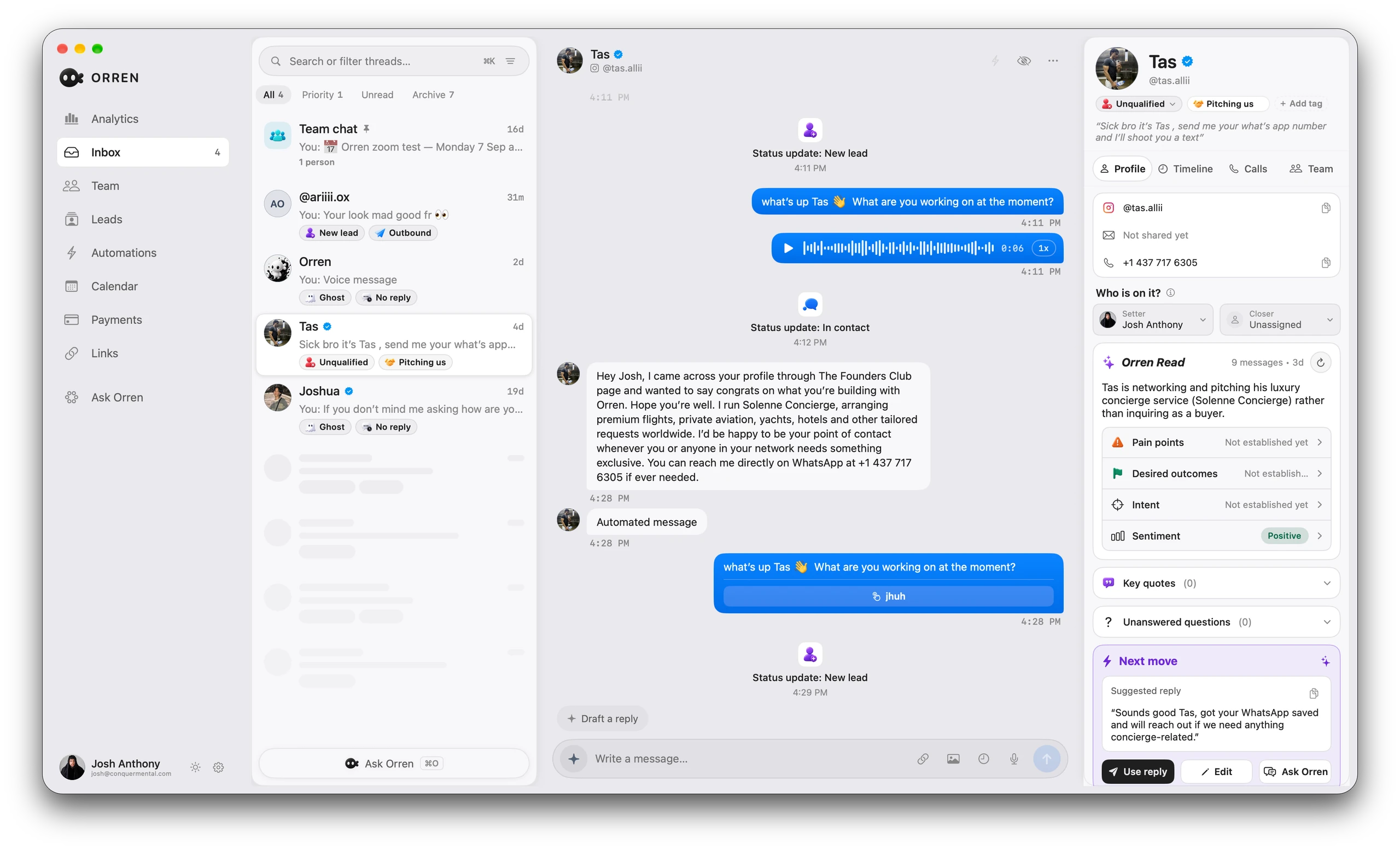 Orren’s actual Instagram inbox in light mode