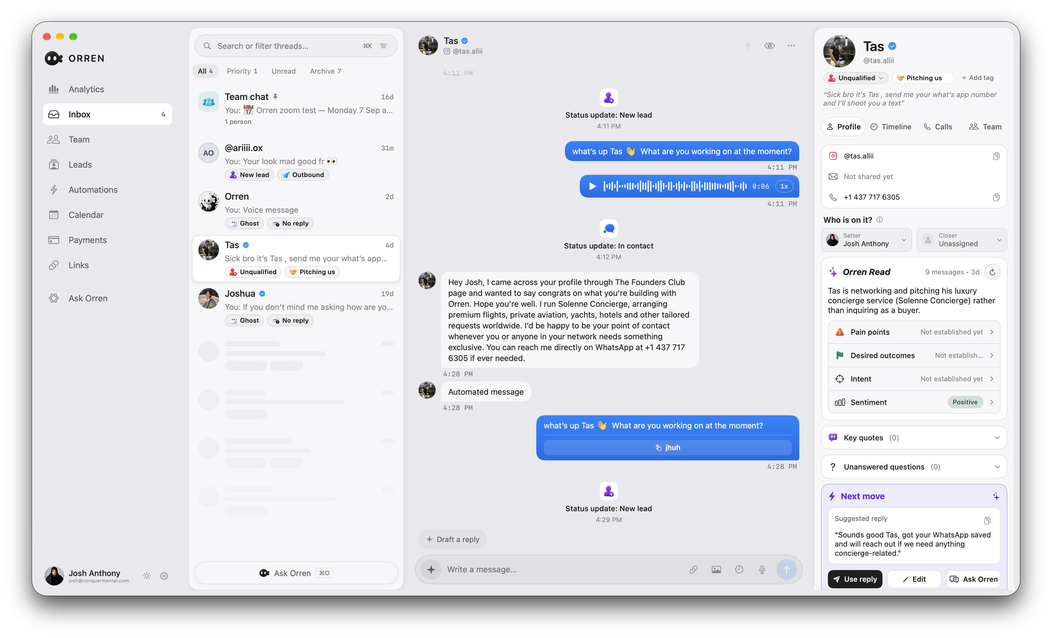 Orren’s actual Instagram inbox in light mode