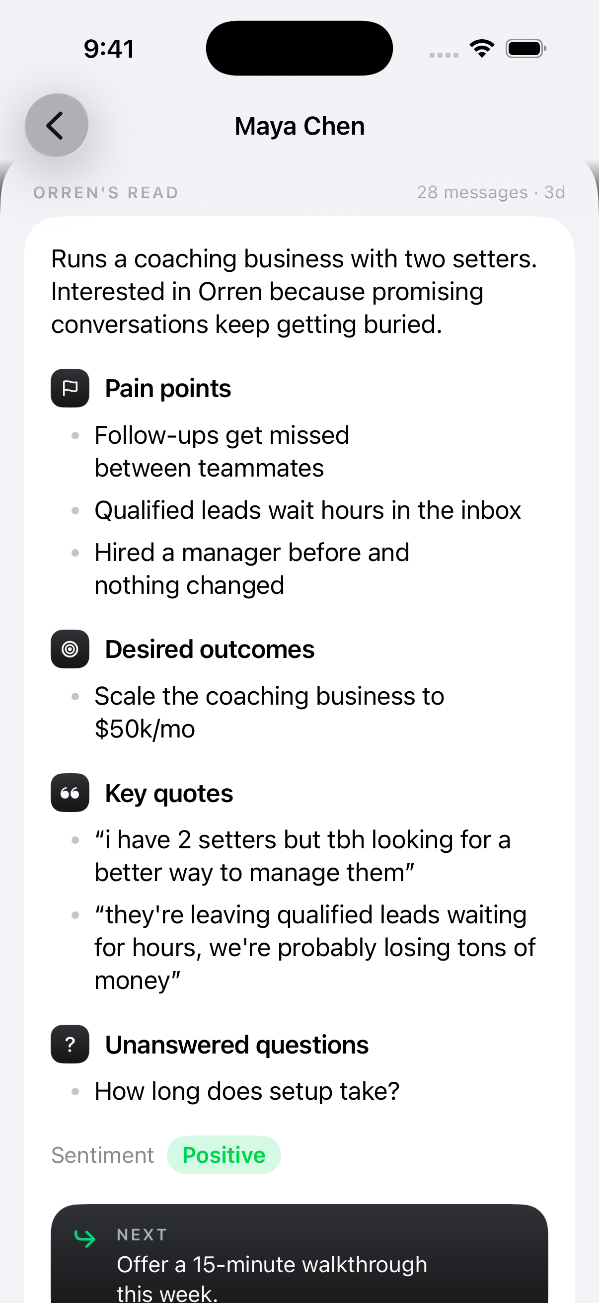 Orren’s iPhone lead breakdown for Maya Chen, showing pain points, desired outcomes, key quotes, unanswered questions and a suggested next step.