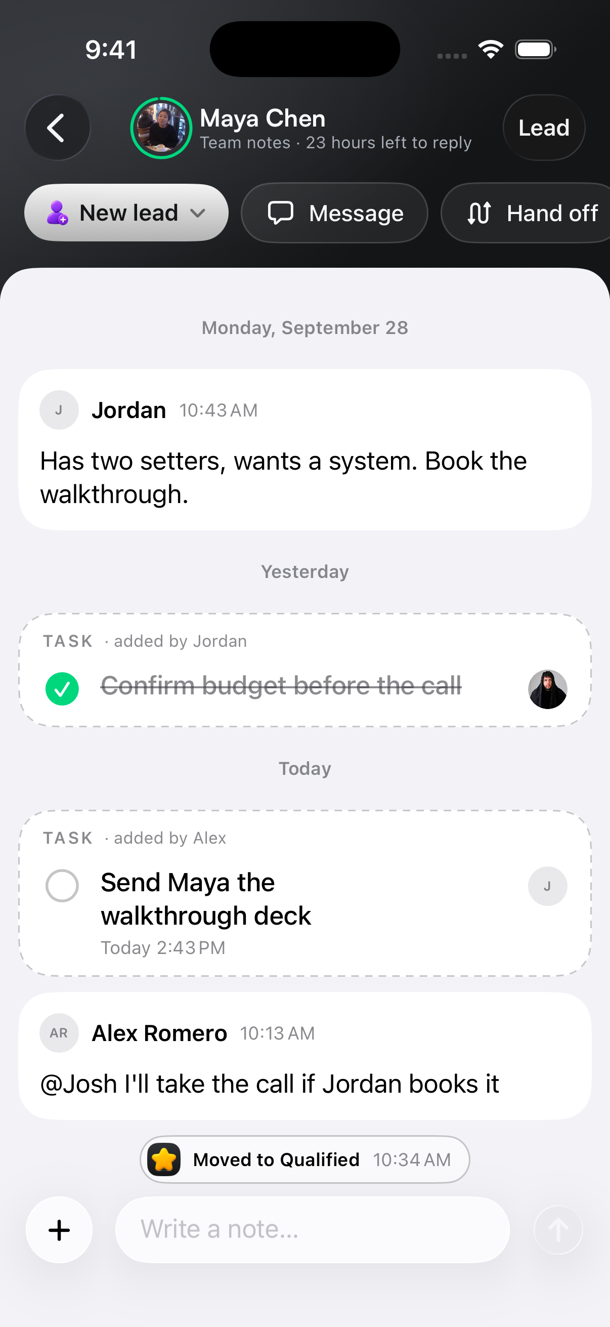 Team notes inside Maya Chen’s conversation, with Jordan’s context, assigned tasks and Alex’s offer to take the call.