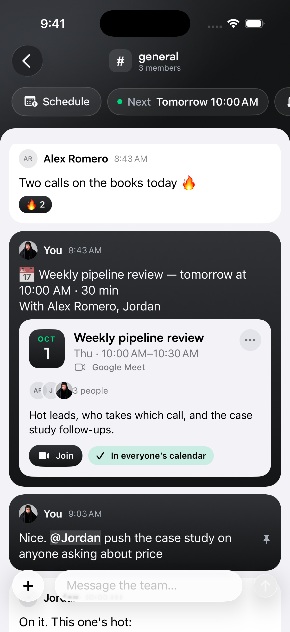 Orren’s general team chat with Alex, Josh and Jordan, including a scheduled pipeline review and Google Meet link.