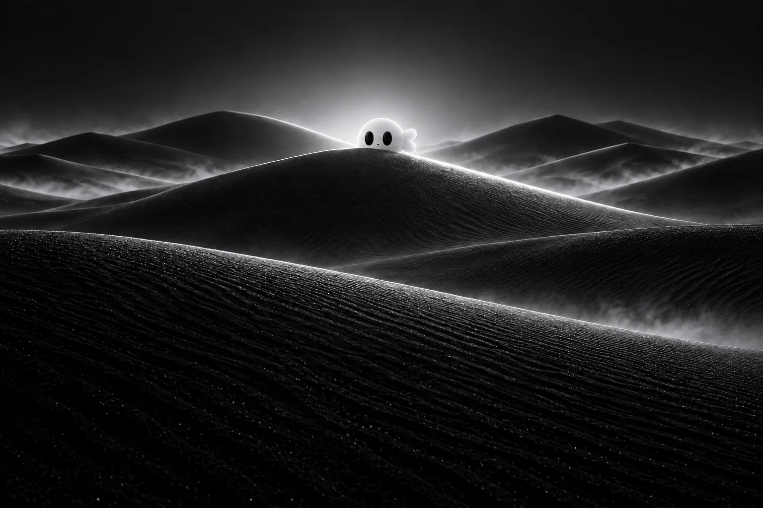 A small white Orren peeking over silver-lit black sand dunes